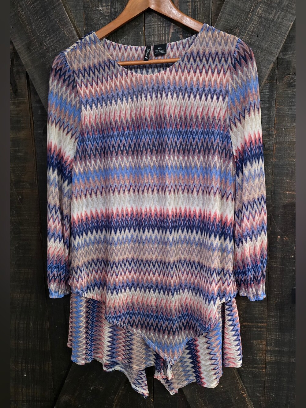 New Directions Zigzag Multicolor Pointed-Hem Tunic - Blue, Pink, Cream Petite XL